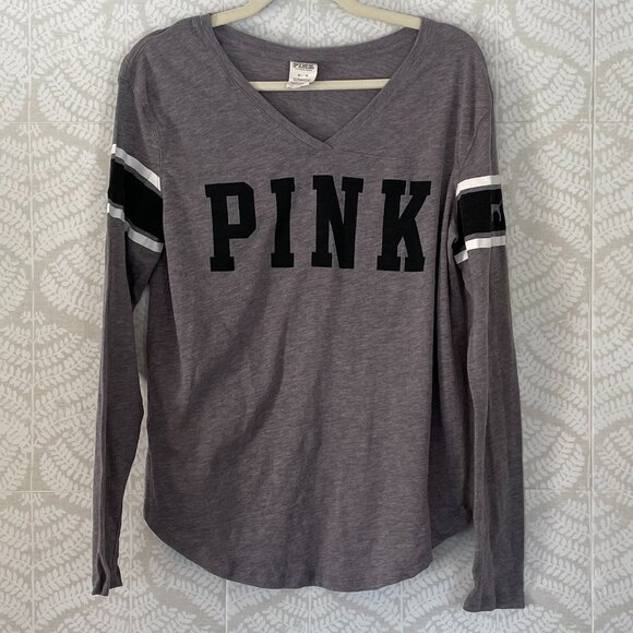 PINK Victoria's Secret Gray/Black Varsity Stripe Logo Long Sleeve V-Neck T-Shirt - Picture 1 of 9